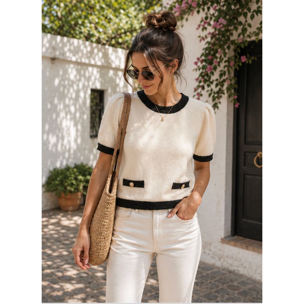 English Factory Cream Puff Sleeve Sweater Top Black Trim Gold M - Picture 2 of 10